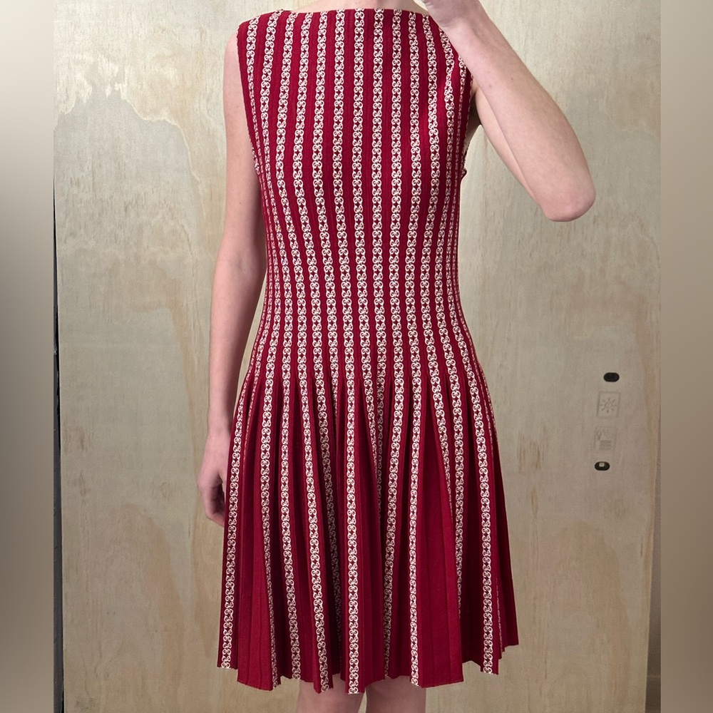 ALAIA Red and White Pleated Jacquard Striped Midi-Dress